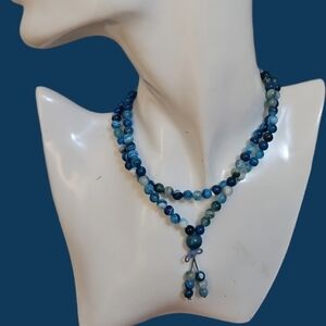 3/$30 Blue Agate Buddhist 108 Prayer Mala Stretchy Bracelet Necklace